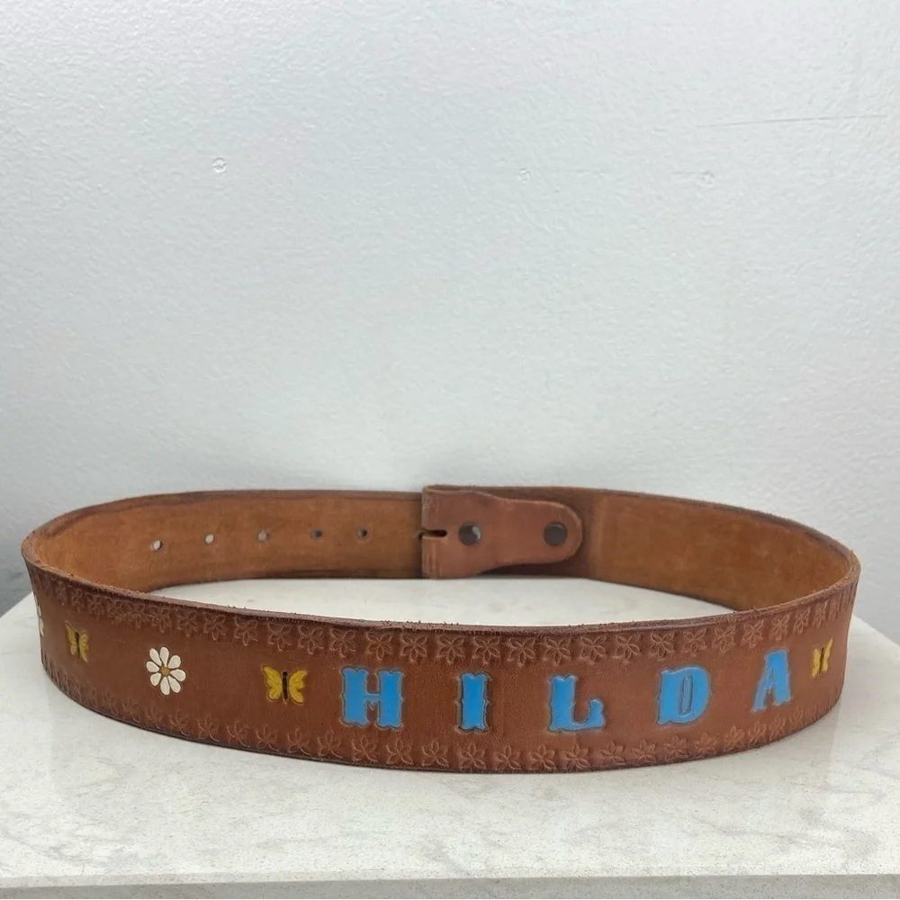 Vintage 70’s Tooled and Hand Painted Leather Belt Brown